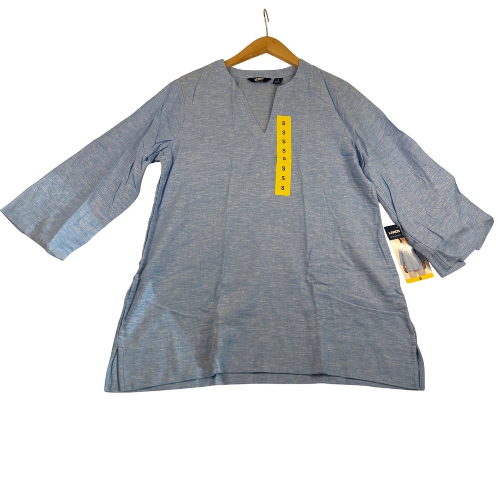 Lands End Womens Split Neck 3/4 Sleeve Tunic Light Blue Heathered‎ Size S NEW